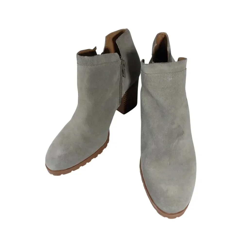 NWOT! LUCKY BRAND! GRAY GENUINE LEATHER DOUBLE ZIP, STACK HEEL ANKLE BOOTS! 7.5M